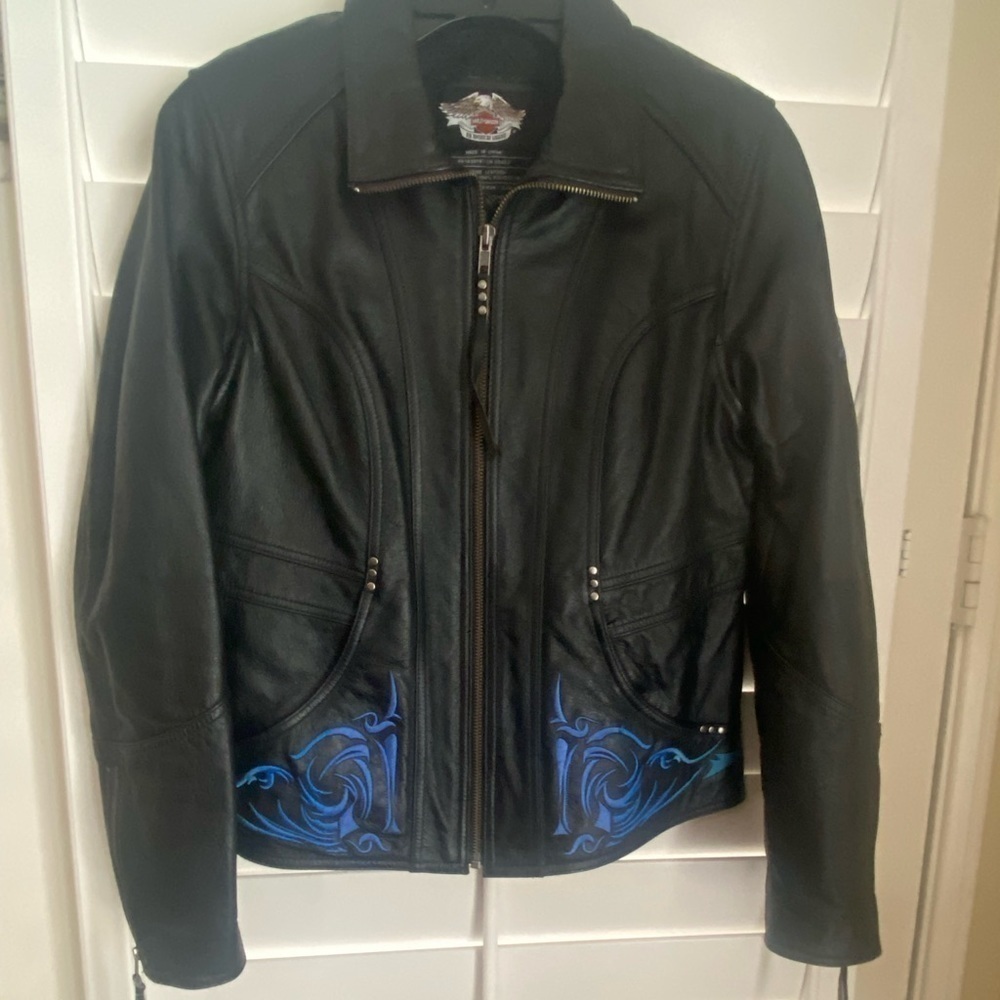 Genuine Harley Davidson Women’s Dark Turquoise Blue & Black Leather Jacket NWOT - Picture 3 of 12